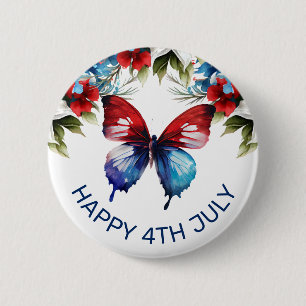 Aquarell Rot, Blau und Weiße Blumen 4. Juli Button