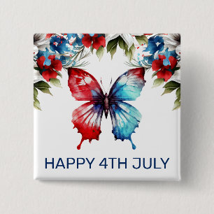 Aquarell Rot, Blau und Weiße Blumen 4. Juli Button
