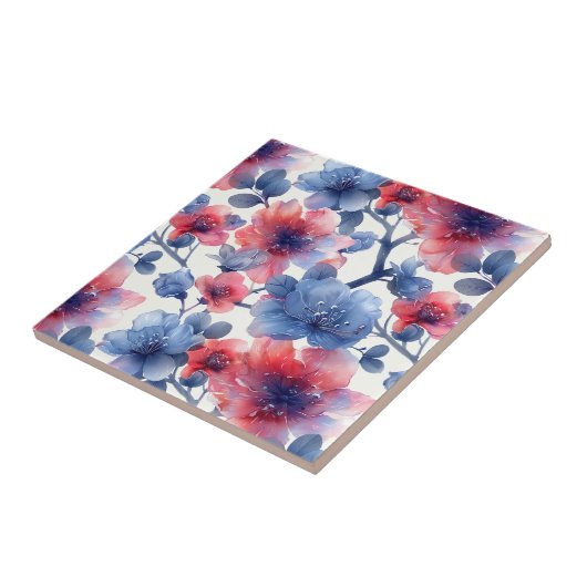 Aquarell rot, blaue Blumen auf weiß Fliese (Seite)