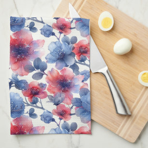 Aquarell rot, blaue Blumen auf weiß Geschirrtuch