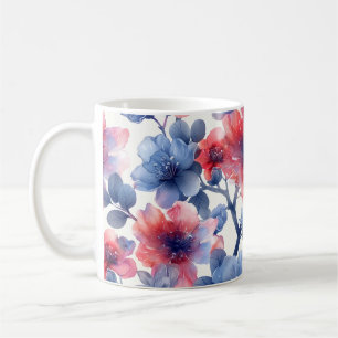 Aquarell rot, blaue Blumen auf weiß Kaffeetasse