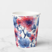 Aquarell rot, blaue Blumen auf weiß Pappbecher (Rückseite)