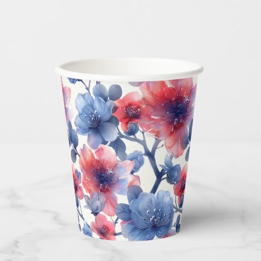 Aquarell rot, blaue Blumen auf weiß Pappbecher (Vorderseite)