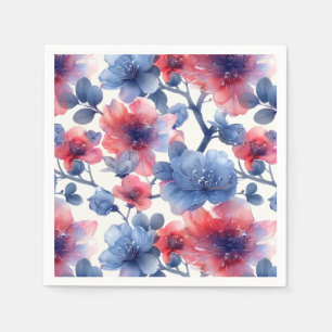 Aquarell rot, blaue Blumen auf weiß Serviette