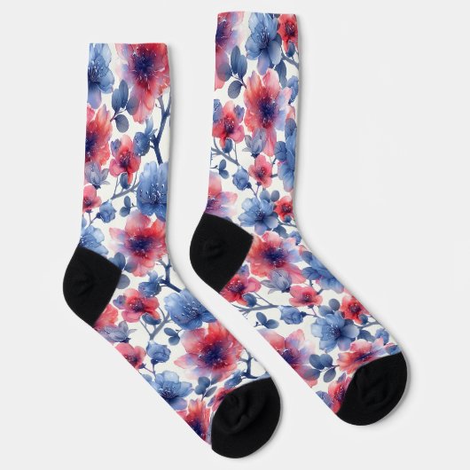 Aquarell rot, blaue Blumen auf weiß Socken (Rechts)