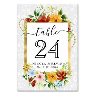 Aquarell Rot Gelb Blau Blumen Hochzeit Tischnummer