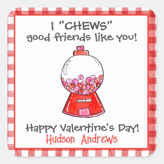 Aquarell Rot Gingham Gumballs Valentine Quadratischer Aufkleber (Vorderseite)