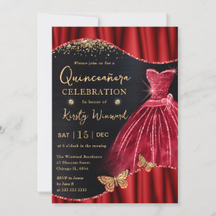 Aquarell Rot & Gold Glitter Kleid Quinceanera Einladung