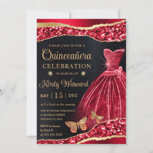 Aquarell Rot & Gold Glitter Kleid Quinceanera Einladung