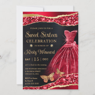 Aquarell Rot & Gold Glitter Kleid Sweet Sixteen Einladung