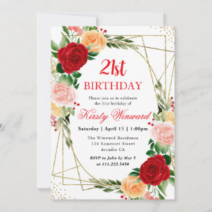 Aquarell Rot Orange Rosen Rahmen 21. Geburtstag Einladung