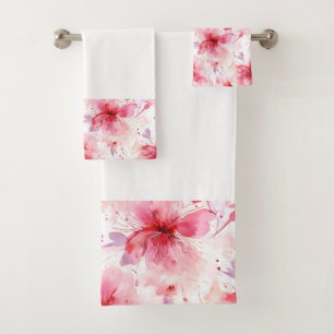 Aquarell Rot Rosa Blumen Frühling Floralmuster Badhandtuch Set