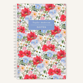 Aquarell Rot und Blau Florales Spiralnotizbuch Notizblock