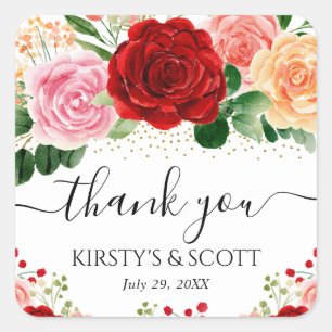 Aquarell-Rot- und Gelbe-Rosen-Hochzeit Quadratischer Aufkleber