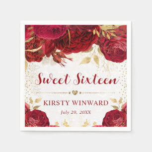 Aquarell-Rot- und Goldblumen Sweet 16 Serviette