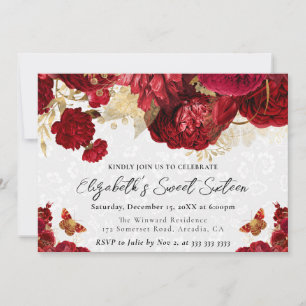 Aquarell-Rot- und Goldblumen Sweet Sixteen Einladung