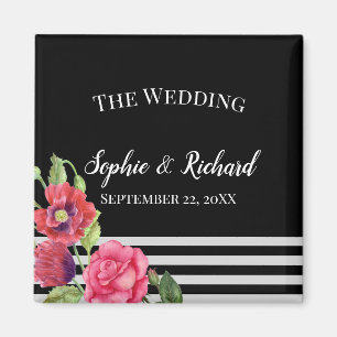 Aquarell-Rot- und Rosa-Blumen-Streifen-Hochzeit Magnet