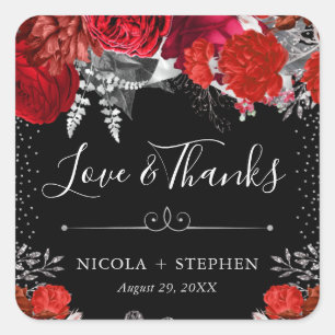 Aquarell-Rot- und Silberblumen-Hochzeit Quadratischer Aufkleber