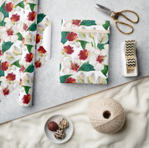 Aquarell Rot Und Weiße Sommer-Tropische Blüten Geschenkpapier