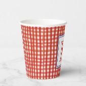 Aquarell Rot Weiß und Blau Gingham Monogram Pappbecher (Rechts)