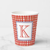 Aquarell Rot Weiß und Blau Gingham Monogram Pappbecher (Vorderseite)