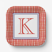 Aquarell Rot Weiß und Blau Gingham Monogram Pappteller (Vorderseite)