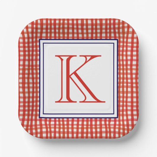 Aquarell Rot Weiß und Blau Gingham Monogram Pappteller (Vorderseite)