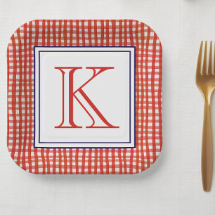 Aquarell Rot Weiß und Blau Gingham Monogram Pappteller