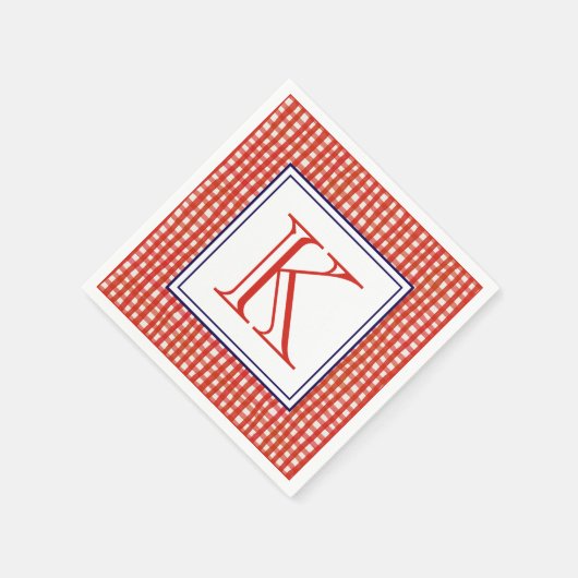 Aquarell Rot Weiß und Blau Gingham Monogram Serviette (Ecke)