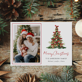 Aquarell-Rotband-Weihnachtsbaum-Foto Feiertagskarte