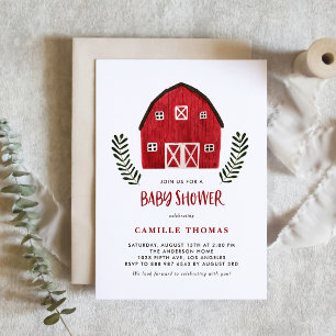 Aquarell-Rotbarn-Farmhouse-Land-Baby-Party Einladung