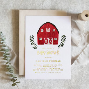 Aquarell-Rotbarn-Farmhouse-Land-Baby-Party Folieneinladung