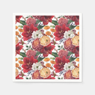 Aquarell Rote Amaryllis und Chrysanthemen Blumen Serviette