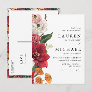 Aquarell Rote Amaryllis und Herbstliche Blumige Ho Einladungspostkarte