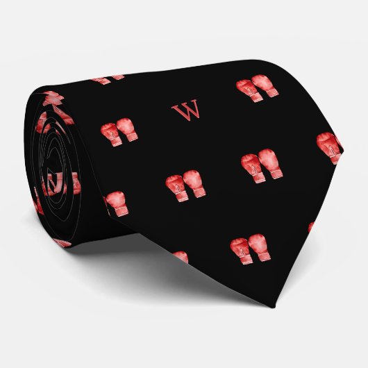 Aquarell-Rote Boxhandschuh-Monogramm-Initiale Schw Krawatte (Gerollt)