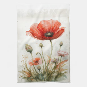 Aquarell Rote Gartenblume Mohn Floral Geschirrtuch