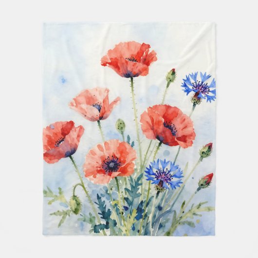 Aquarell-Rote-Mohn-Blauer-Kornblumen-Strauß Fleecedecke (Vorderseite)