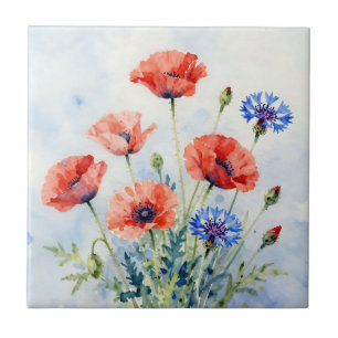 Aquarell-Rote-Mohn-Blauer-Kornblumen-Strauß Fliese