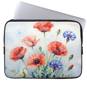 Aquarell-Rote-Mohn-Blauer-Kornblumen-Strauß Laptopschutzhülle