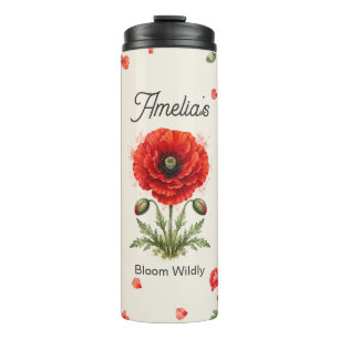 Aquarell-Rote-Mohn-Blumen-Monogramm-Botanische-Kun Thermosbecher