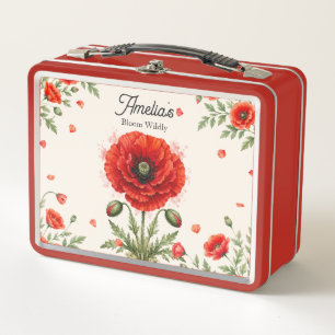 Aquarell-Rote-Mohn-Blumen-Monogramm-Mädchen-Schule Metall Brotdose