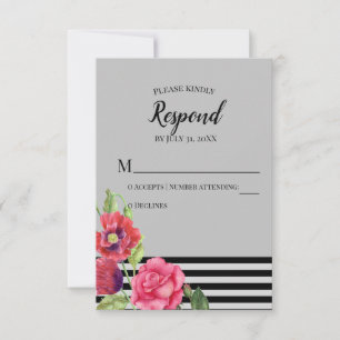 Aquarell Rote Mohnblumen Rosa Rosen Streifen Hochz RSVP Karte