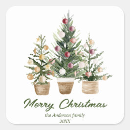 Aquarell Rote Ornamente Bäume Frohe Weihnachten Quadratischer Aufkleber