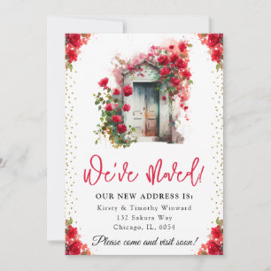 Aquarell-Rote Rosen Frühlingstür Neues Zuhause Ankündigung