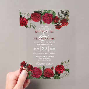 Aquarell rote Rosen klare transparente Hochzeit Acryleinladungen