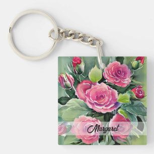 Aquarell Rote Rosen Personalisiert Schlüsselanhänger