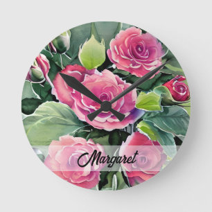 Aquarell-Rote-Rosen-Personalized Runde Wanduhr