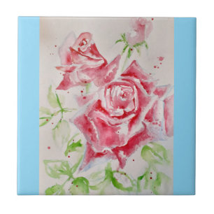 Aquarell-Rote Rosen Rosa Floral Babyblau Fliese