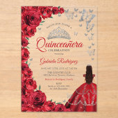 Aquarell-Rote-Rosen-Silber-Quinceanera Acryleinladungen (Vorderseite)