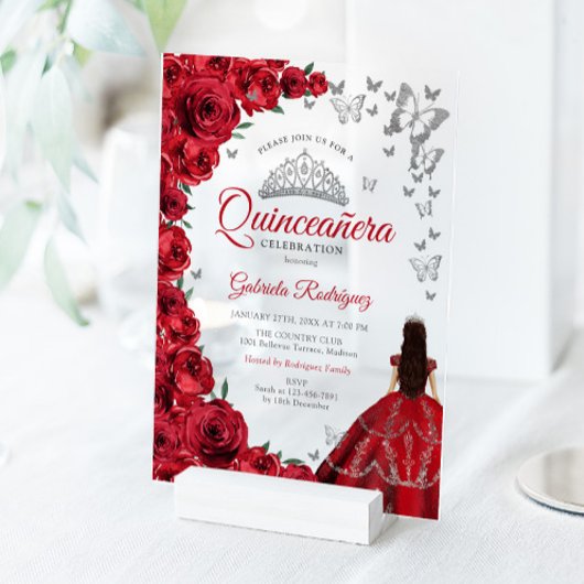 Aquarell-Rote-Rosen-Silber-Quinceanera Acryleinladungen